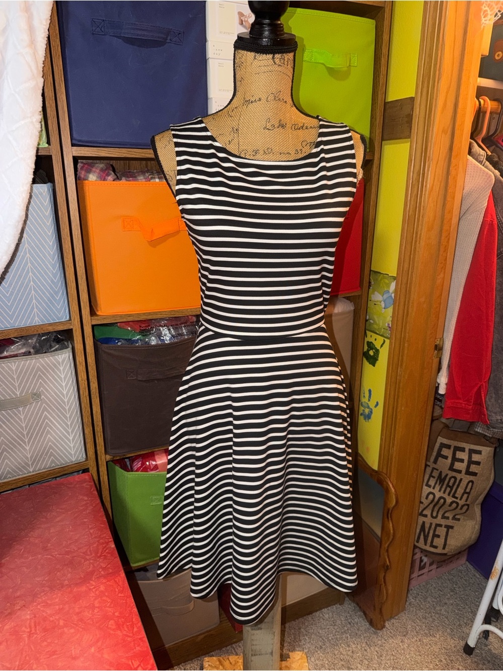 Gilli Black and White Striped Midi Fit-and-Flare Dress